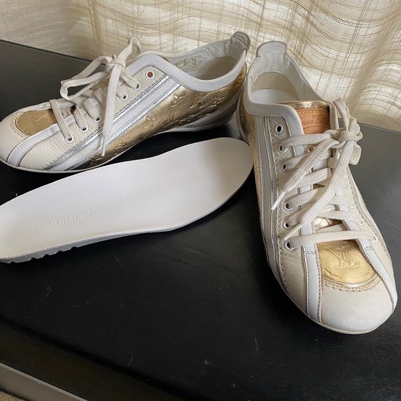 Louis Vuitton white gold leather monogram sneakers rubber shoes 34.5 trainers - Picture 1 of 15